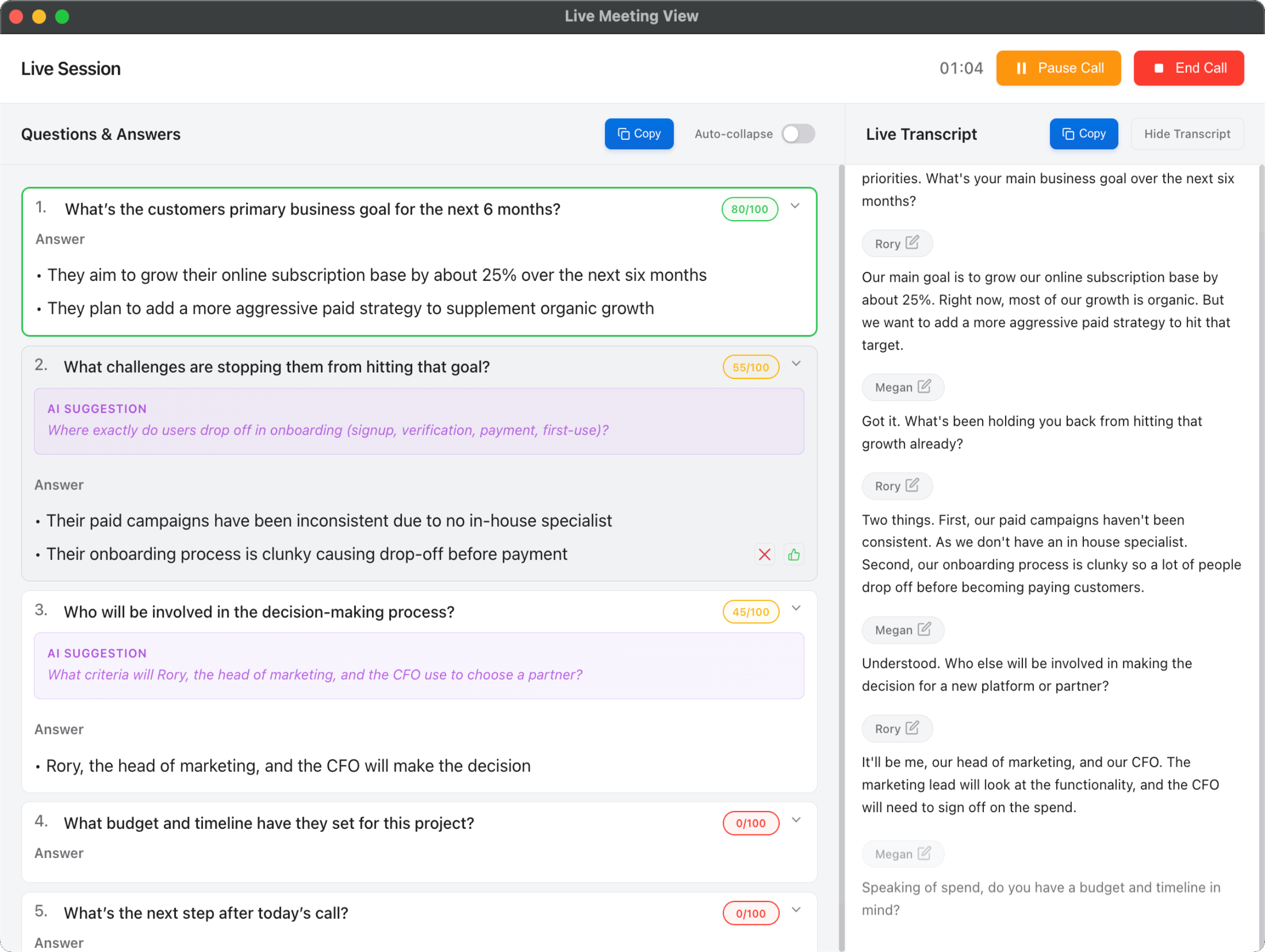 Promptly Live Meeting View showing real-time Q&A tracking and conversation transcription